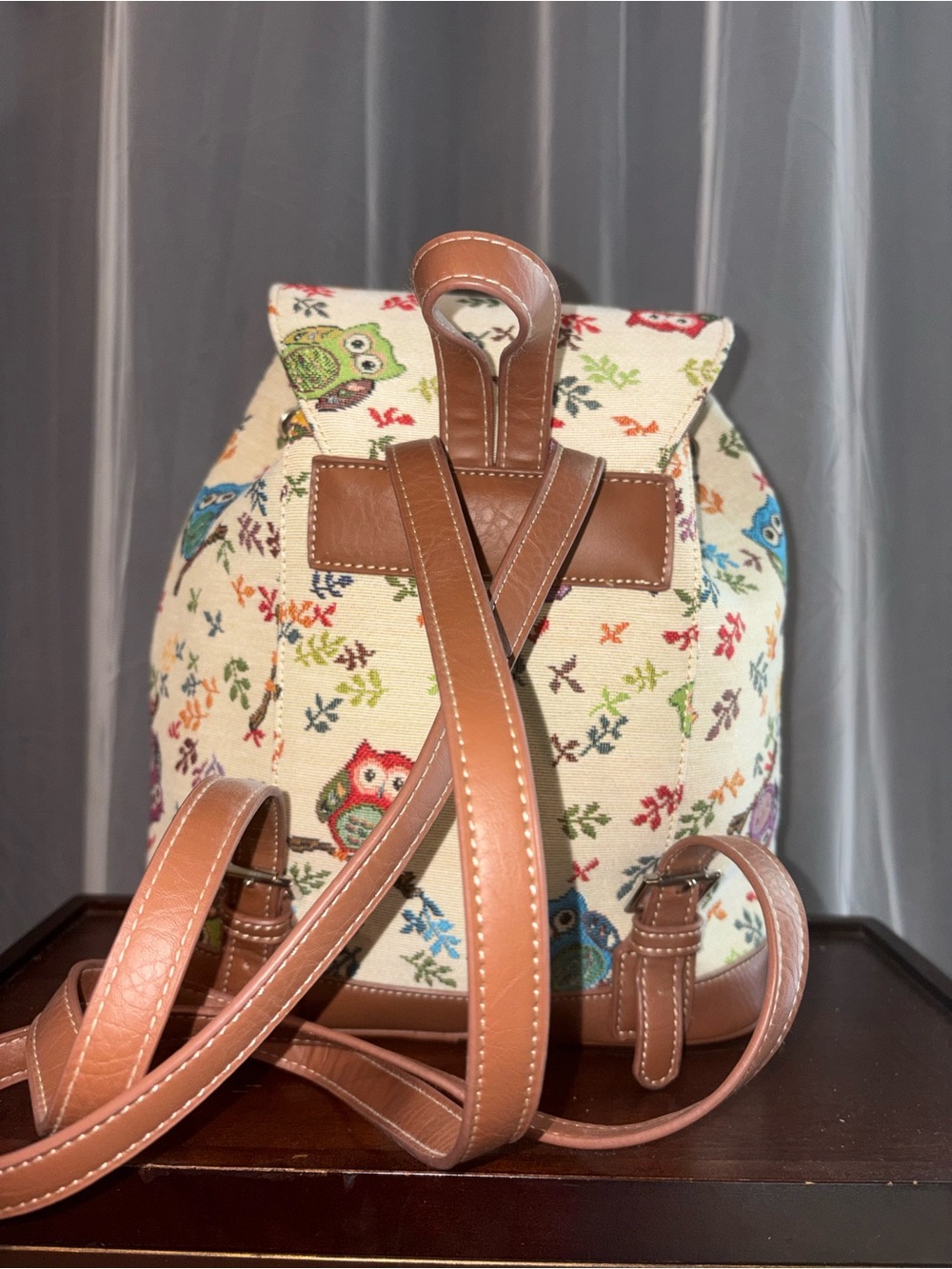 Owl Tapestry Drawstring Backpack Purse - Picture 2 of 5